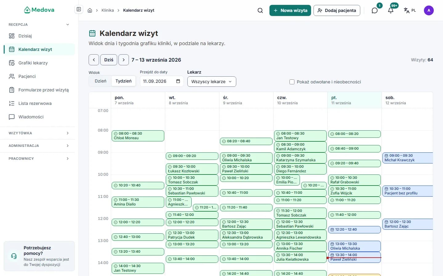 Kalendarz wizyt w panelu Medova: dzień pracy przychodni z wizytami przypisanymi do gabinetów